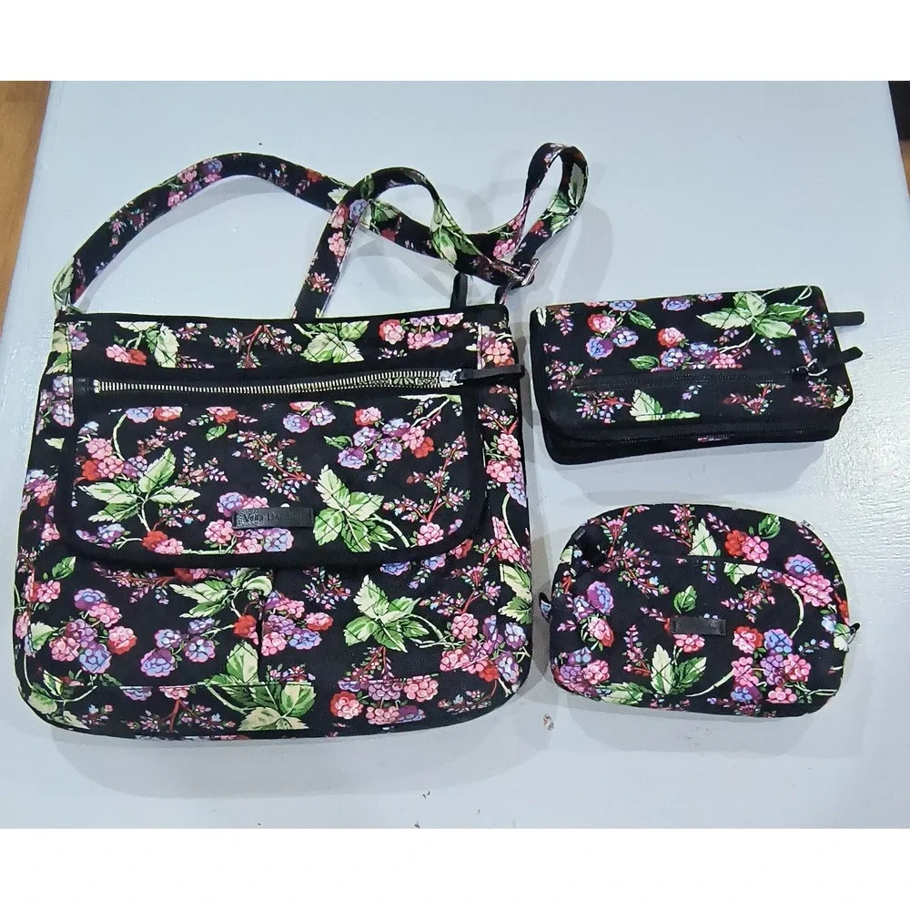 Vera Bradley Winter Berry 3pc Set Crossbody Bag Turnlock Wallet Cosmetic Pouch